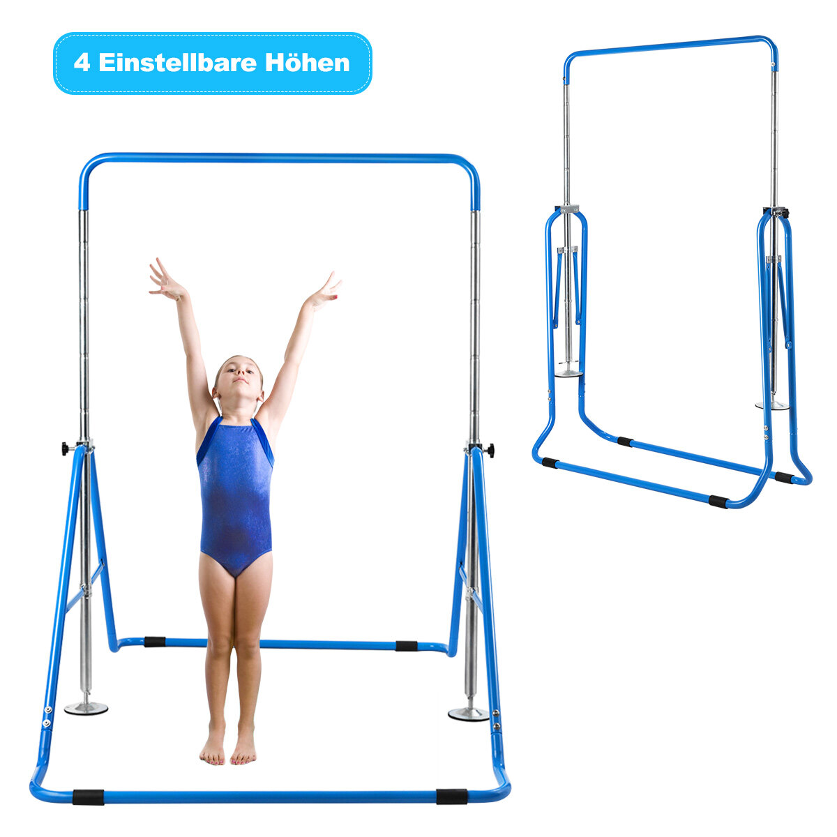 Laste võimlemiskang, reguleeritava kõrgusega, horisontaalne kang 90-130 cm, kokkupandav, sinine