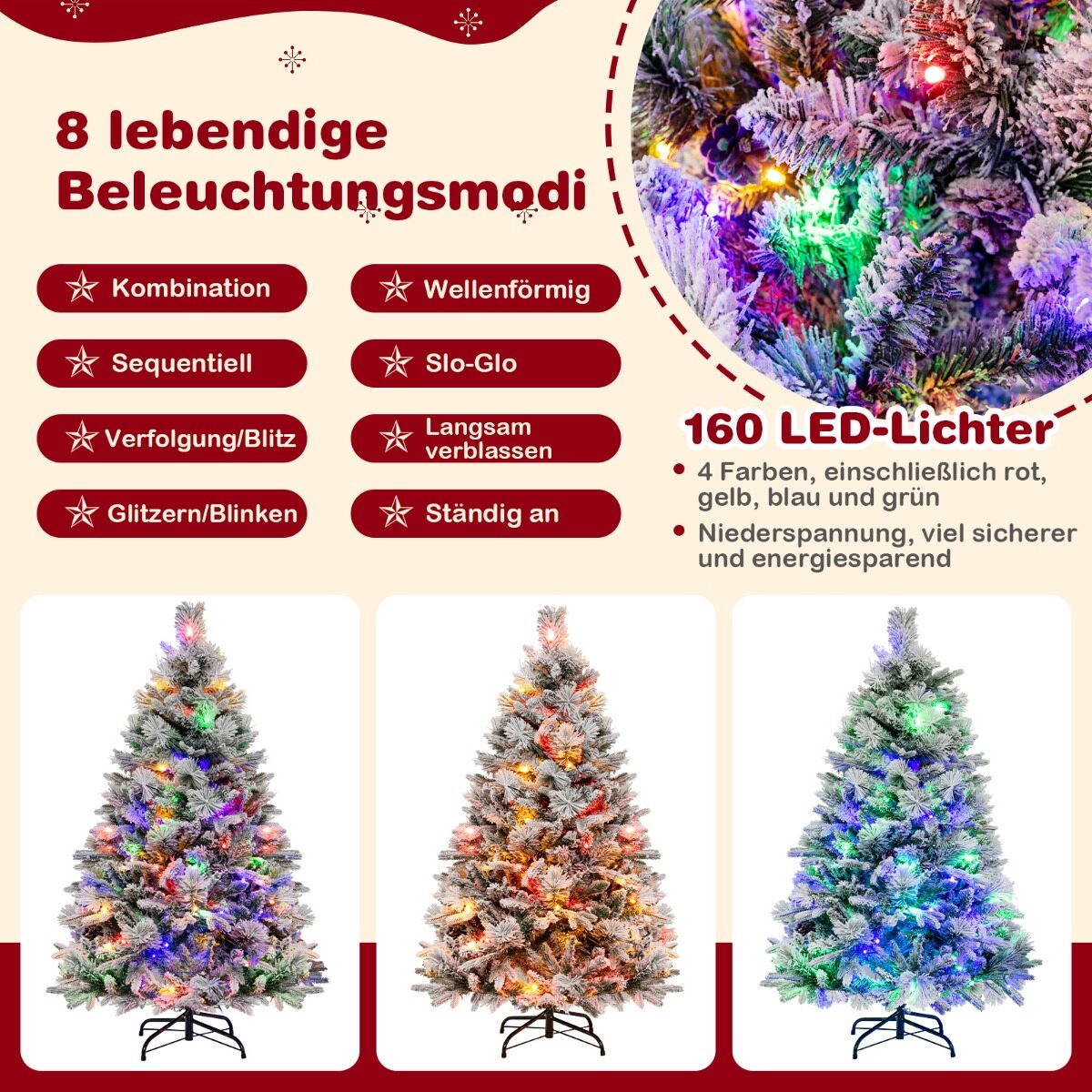 136 cm kunstkuusk lume, 8 valgusrežiimi ja 472 PE PVC oksaotsaga