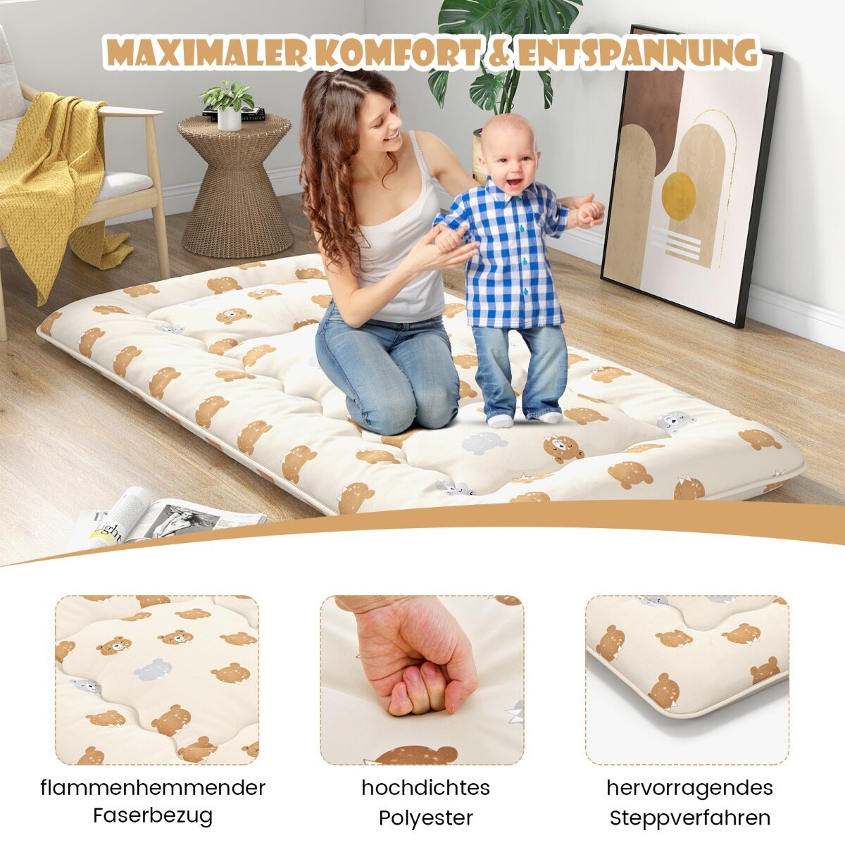 90 x 200 cm Jaapani futon madrats pestava kattega ja kandekotiga, tatami matt, pruun karu