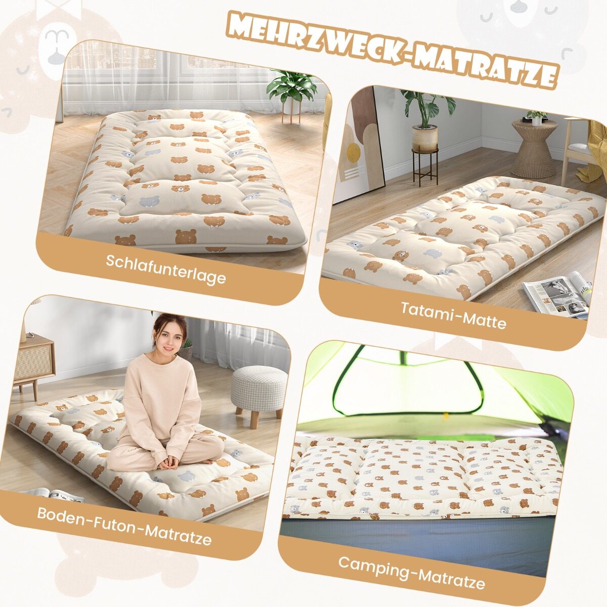 90 x 200 cm Jaapani futon madrats pestava kattega ja kandekotiga, tatami matt, pruun karu