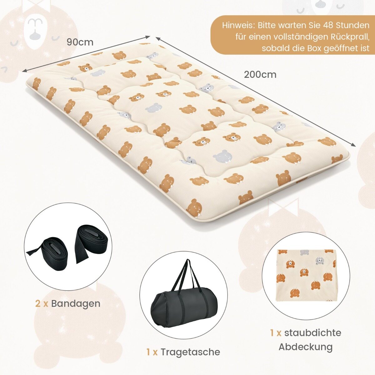 90 x 200 cm Jaapani futon madrats pestava kattega ja kandekotiga, tatami matt, pruun karu