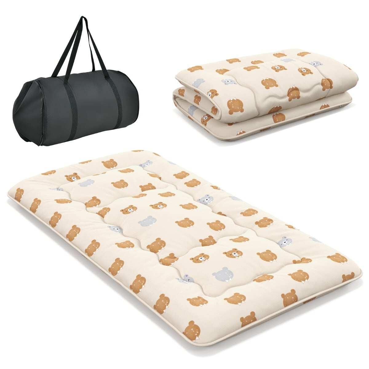 90 x 200 cm Jaapani futon madrats pestava kattega ja kandekotiga, tatami matt, pruun karu
