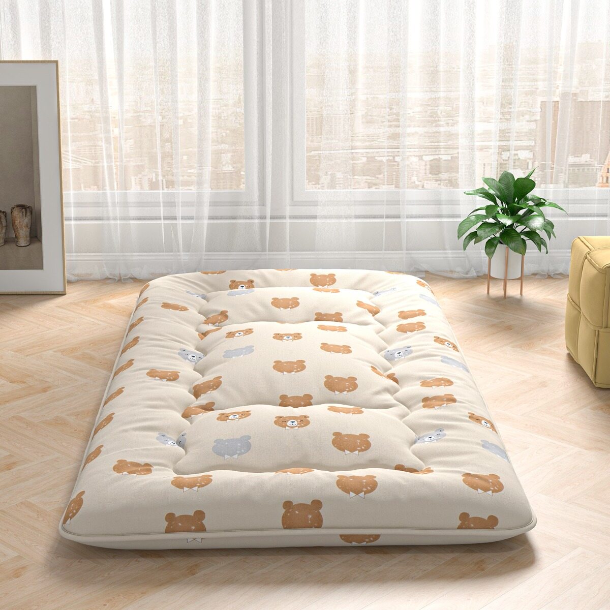 90 x 200 cm Jaapani futon madrats pestava kattega ja kandekotiga, tatami matt, pruun karu