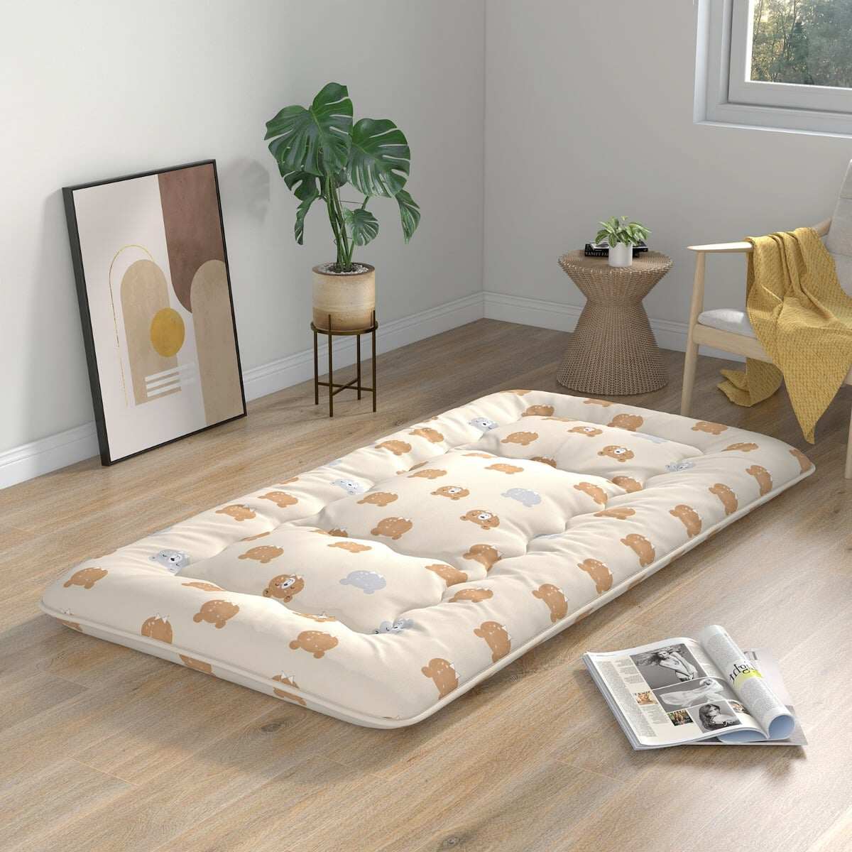 90 x 200 cm Jaapani futon madrats pestava kattega ja kandekotiga, tatami matt, pruun karu