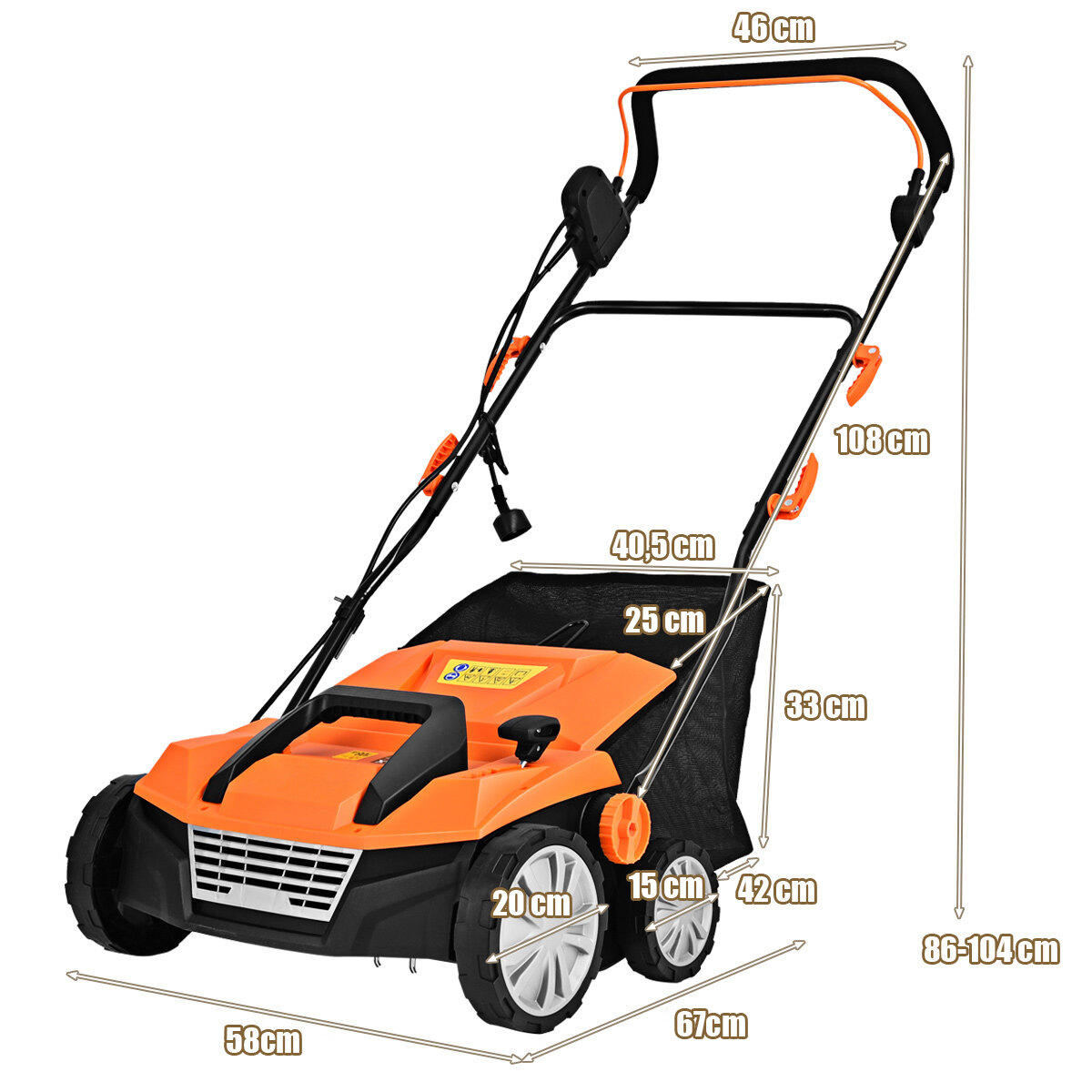 Elektriline muruniiduk-aeraator 1800 W, 2 töösügavustaset, 67 x 58 x 86 - 104 cm, oranž