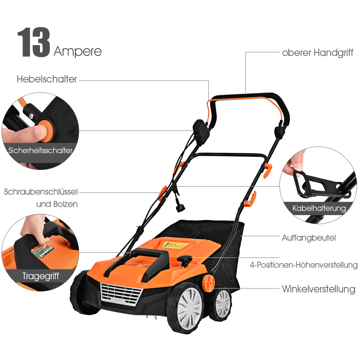 Elektriline muruniiduk-aeraator 1800 W, 2 töösügavustaset, 67 x 58 x 86 - 104 cm, oranž