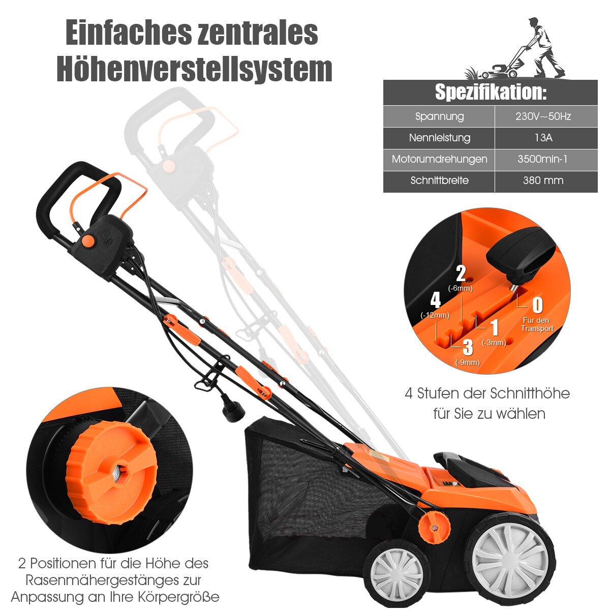 Elektriline muruniiduk-aeraator 1800 W, 2 töösügavustaset, 67 x 58 x 86 - 104 cm, oranž