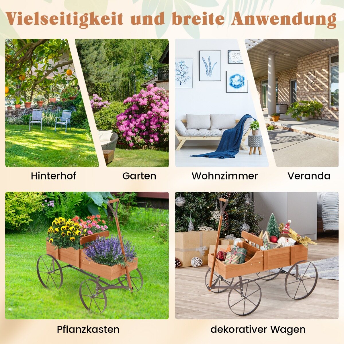 Lillealus puidust käru taimekäru lillekäru metallratastega 62 x 34 x 60 cm oranž