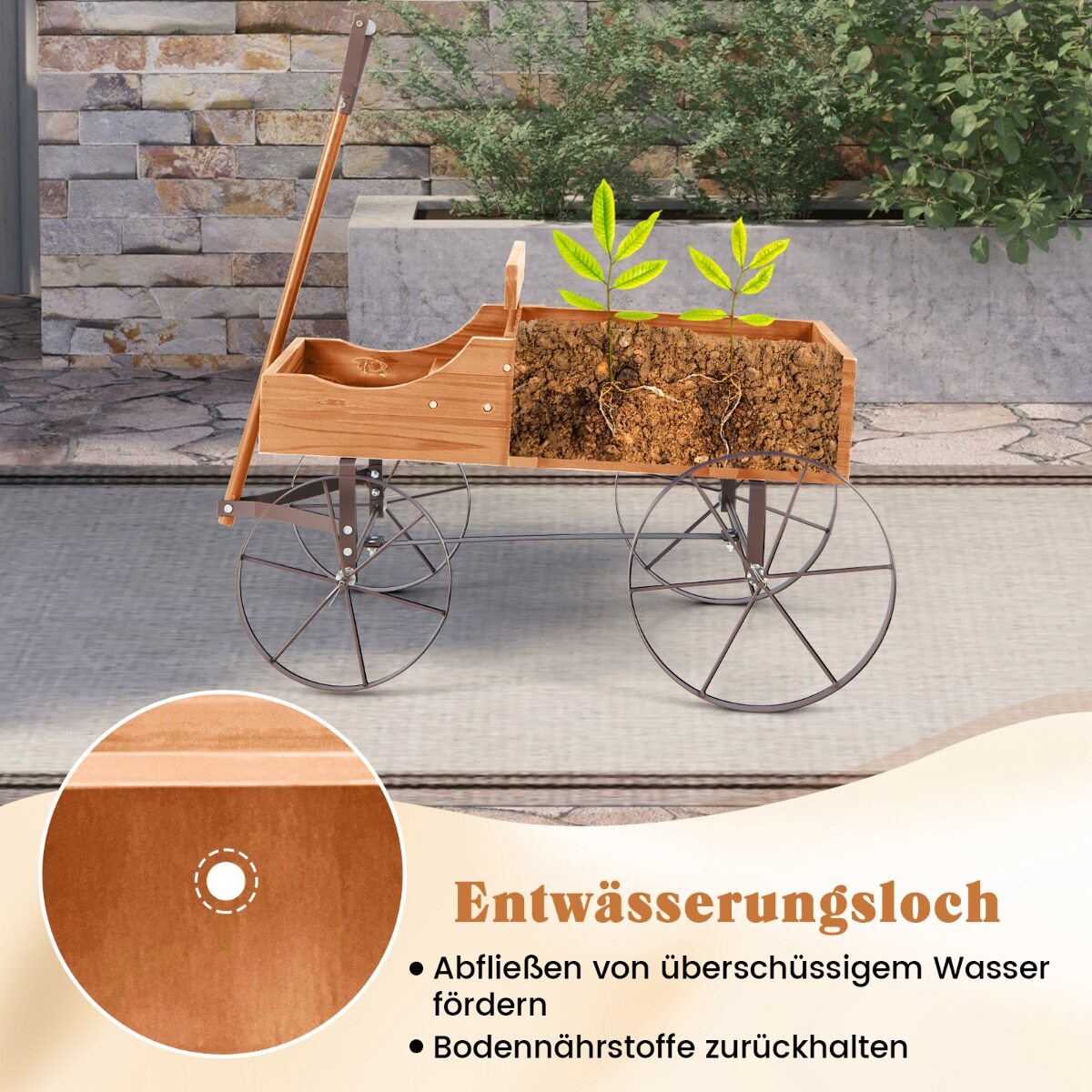 Lillealus puidust käru taimekäru lillekäru metallratastega 62 x 34 x 60 cm oranž