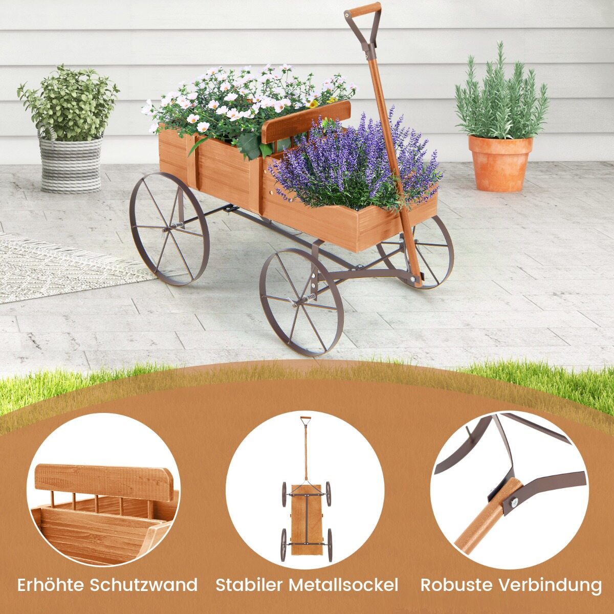 Lillealus puidust käru taimekäru lillekäru metallratastega 62 x 34 x 60 cm oranž