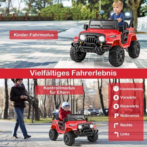 Elektriauto puldiga, maastikurataste ja LED-tuledega, punane veoautojuhtimismänguasi