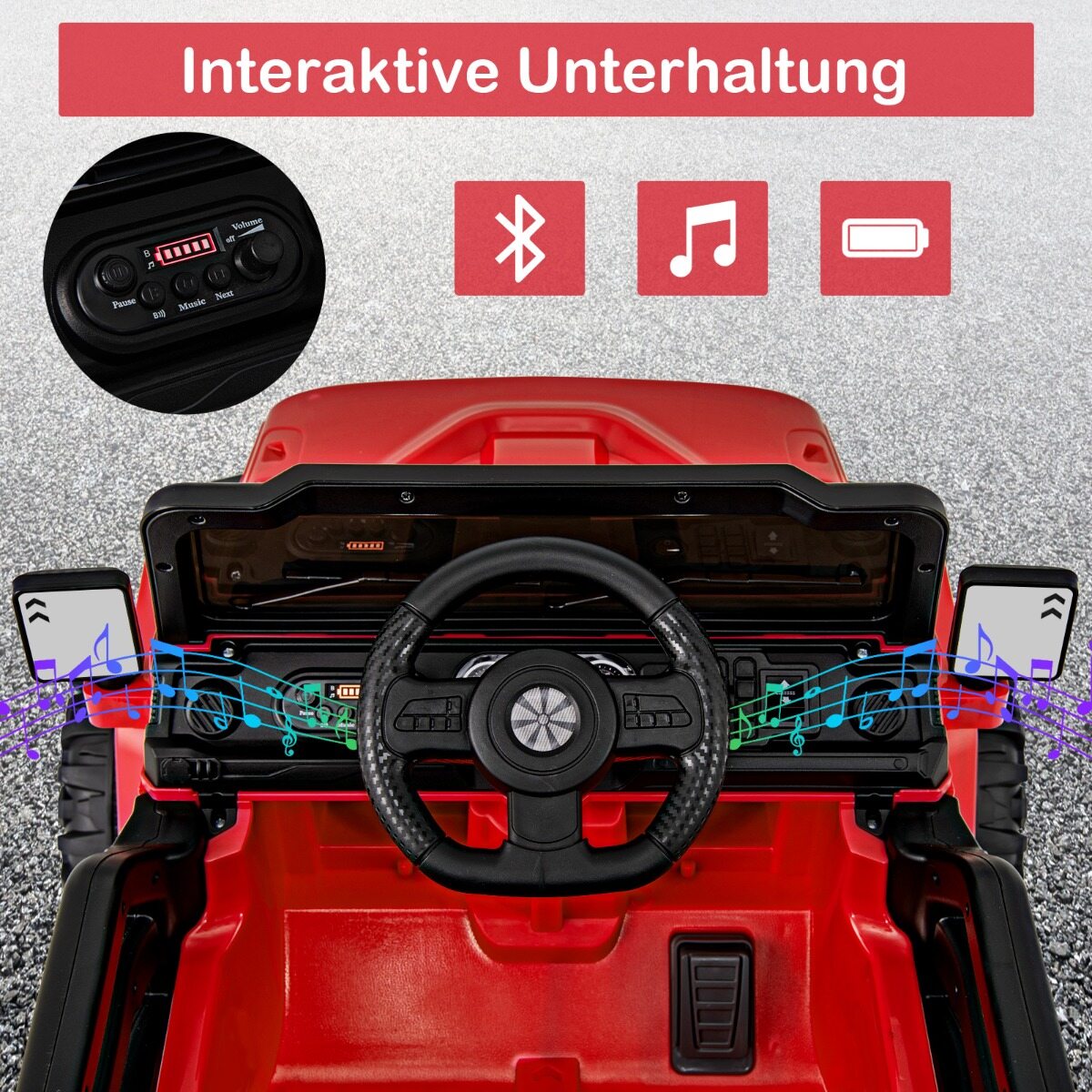Elektriauto puldiga, maastikurataste ja LED-tuledega, punane veoautojuhtimismänguasi