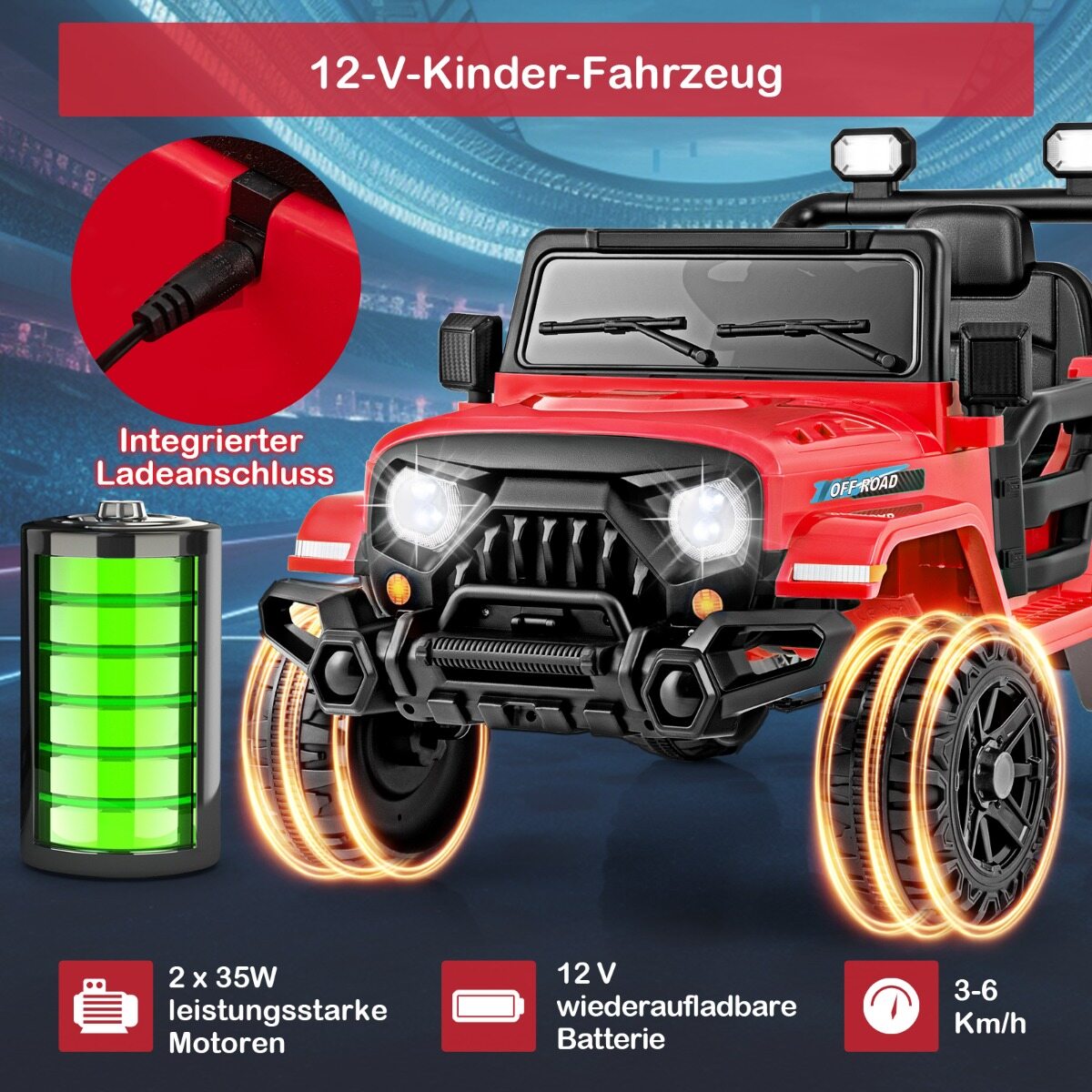 Elektriauto puldiga, maastikurataste ja LED-tuledega, punane veoautojuhtimismänguasi