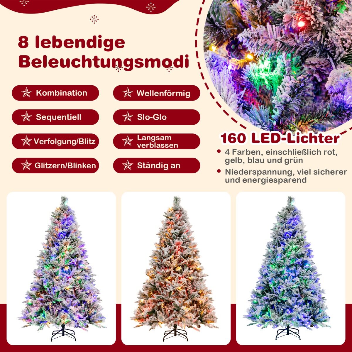 180 cm kunstkuusk lume, 8 valgusrežiimi ja 850 PE PVC oksaotsaga