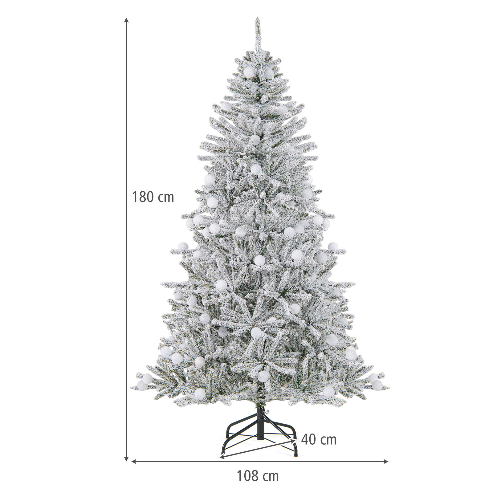 180 cm pikkune lumega kaetud kunstkuusk 51 kerakujulise tulega, 250 sooja valge LED-tulega ja 637 oksaotsaga