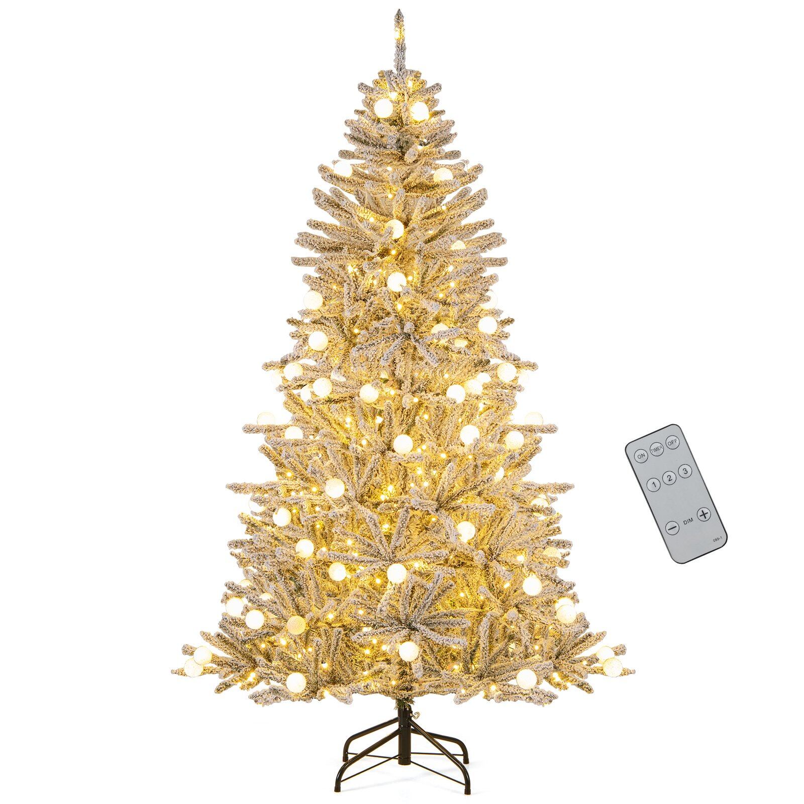 180 cm pikkune lumega kaetud kunstkuusk 51 kerakujulise tulega, 250 sooja valge LED-tulega ja 637 oksaotsaga