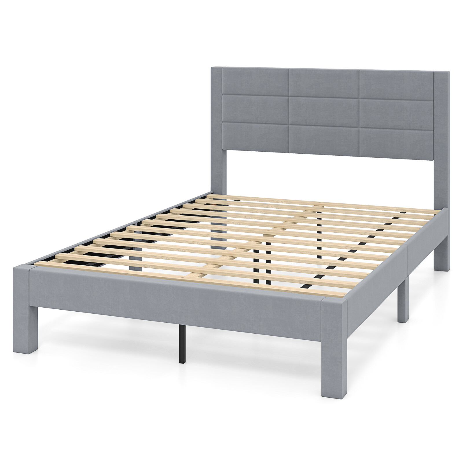 Voodiraam 200 x 140 cm madratsile, sametkangast polsterdatud kaheinimesevoodi raam, platvormvoodi, hall