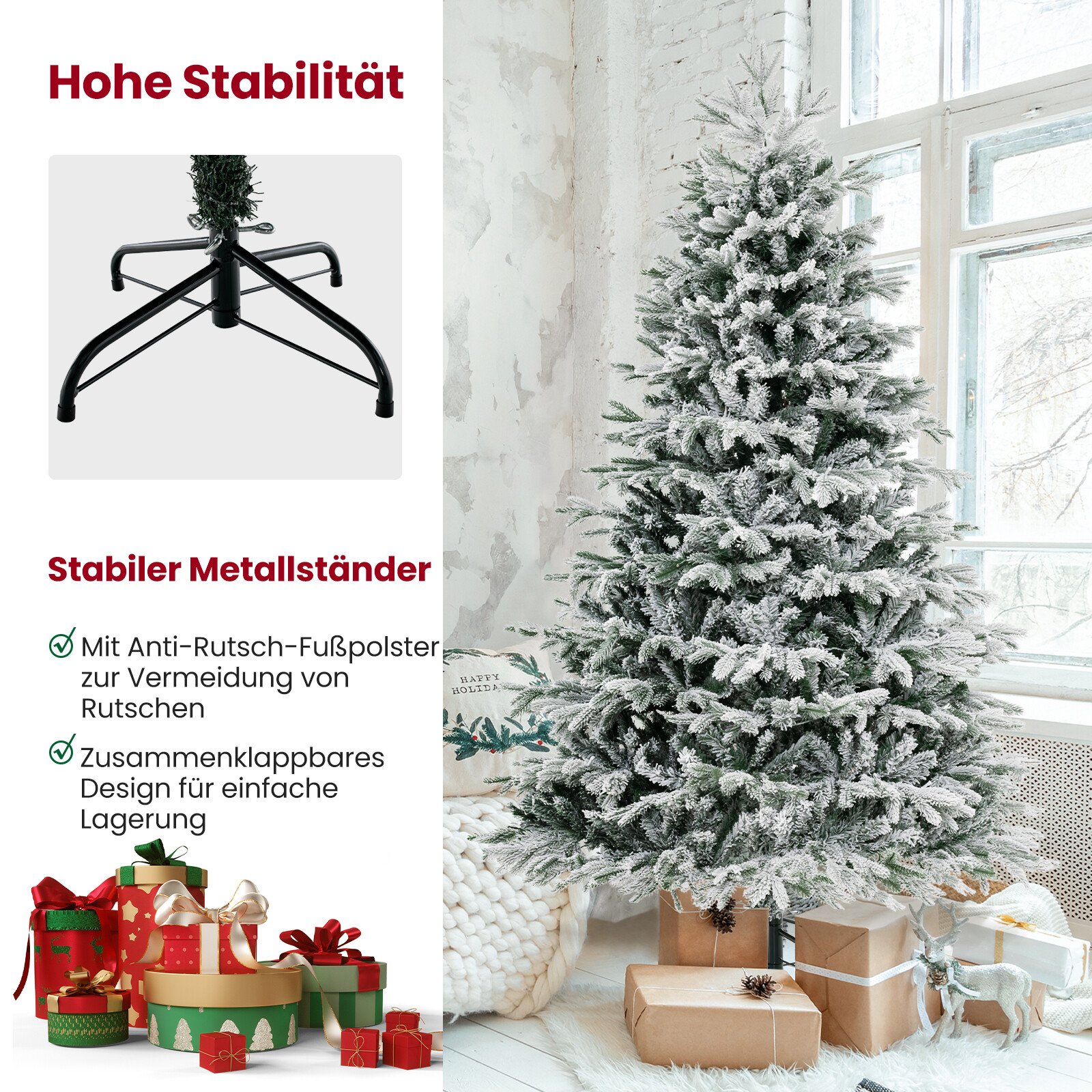 210 cm kunstkuusk lume ja valgustava kuusepuuga, millel on 450 sooja valget LED-tuld