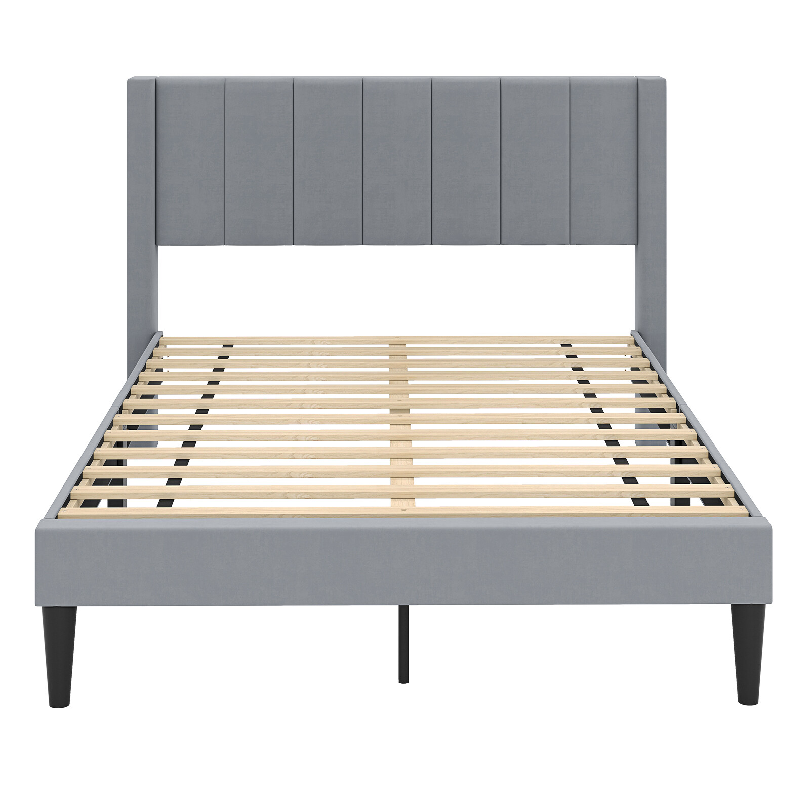 Polsterdatud kaheinimesevoodiraam 200 x 140 cm madratsialusele voodile peatsiga, hall