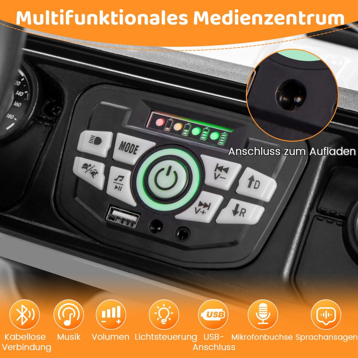 Laste elektriauto 2,4 G puldi ja USB ning valguse ja muusikaga, 12 V lasteauto, Jeep, valge