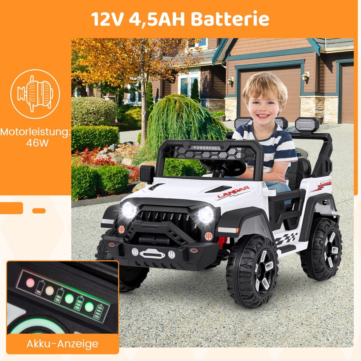 Laste elektriauto 2,4 G puldi ja USB ning valguse ja muusikaga, 12 V lasteauto, Jeep, valge