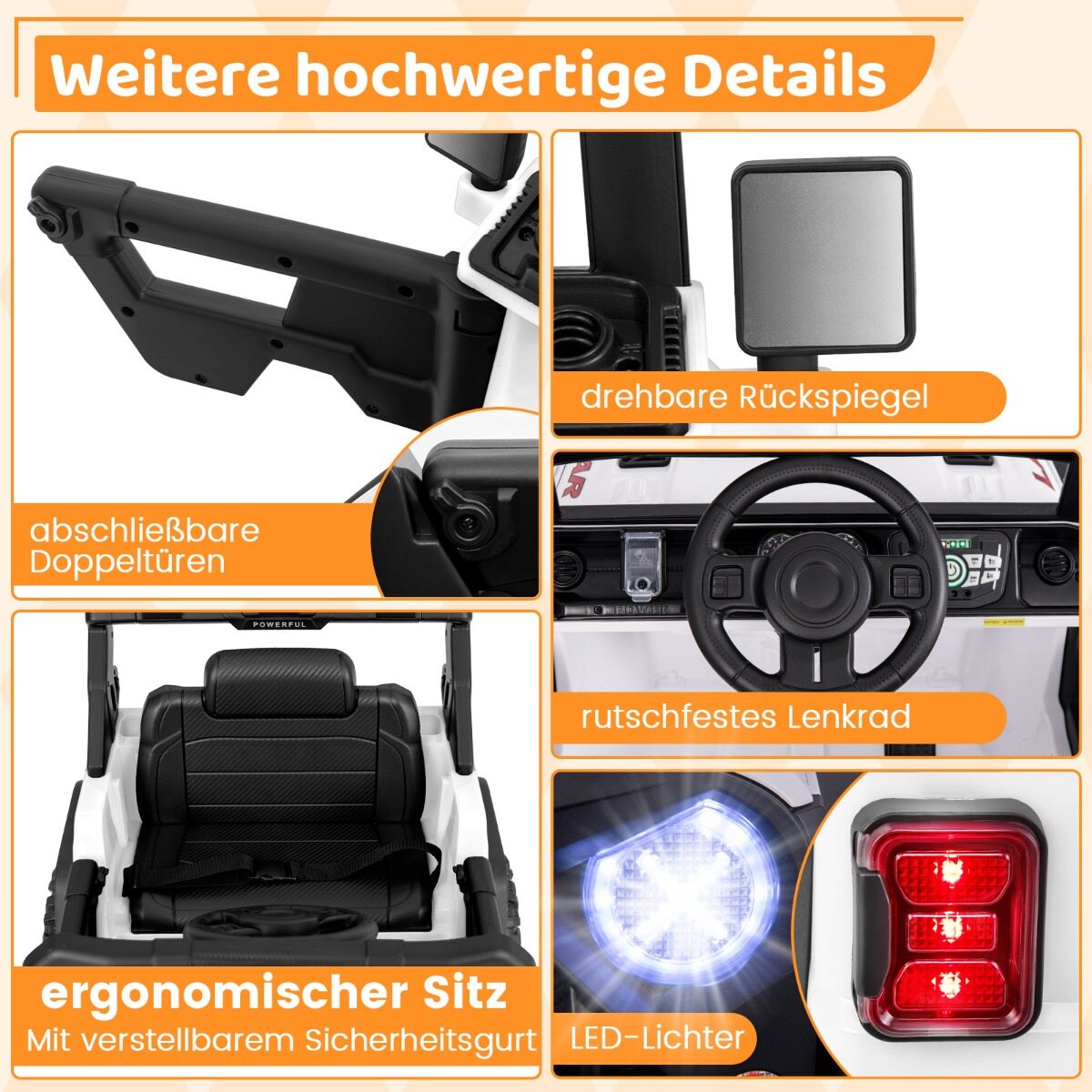 Laste elektriauto 2,4 G puldi ja USB ning valguse ja muusikaga, 12 V lasteauto, Jeep, valge
