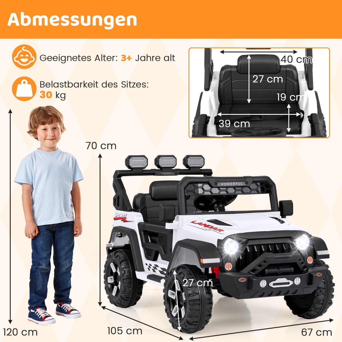 Laste elektriauto 2,4 G puldi ja USB ning valguse ja muusikaga, 12 V lasteauto, Jeep, valge