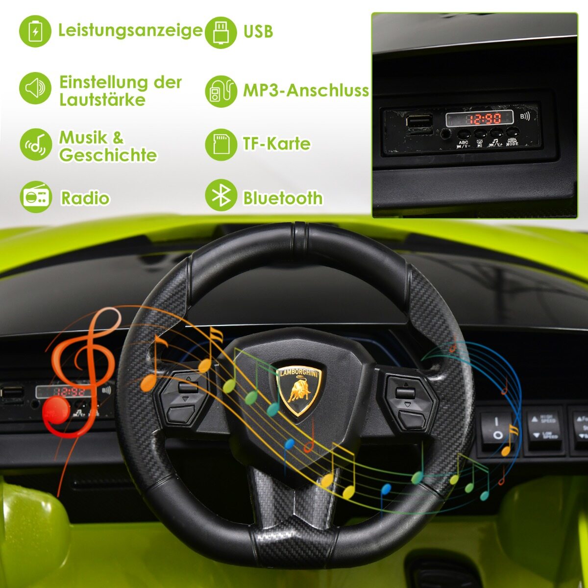12 V Lamborghini laste elektriauto 2.4 G puldiga lasteauto 3-5km/h MP3-ga roheline