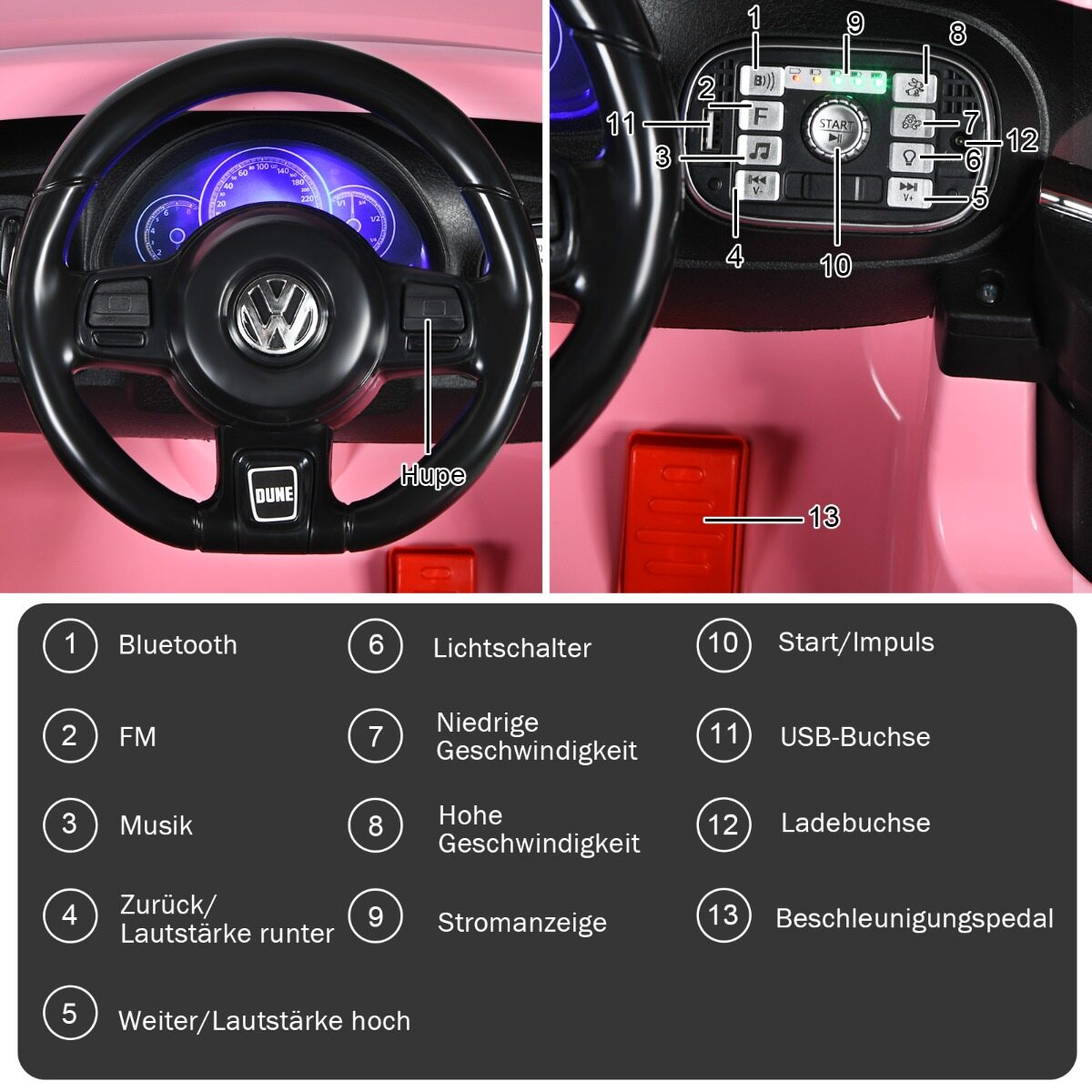 VW Beetle lasteauto muusika ja 2 valgustusrežiimiga, sh 2,4 G puldiga, roosa