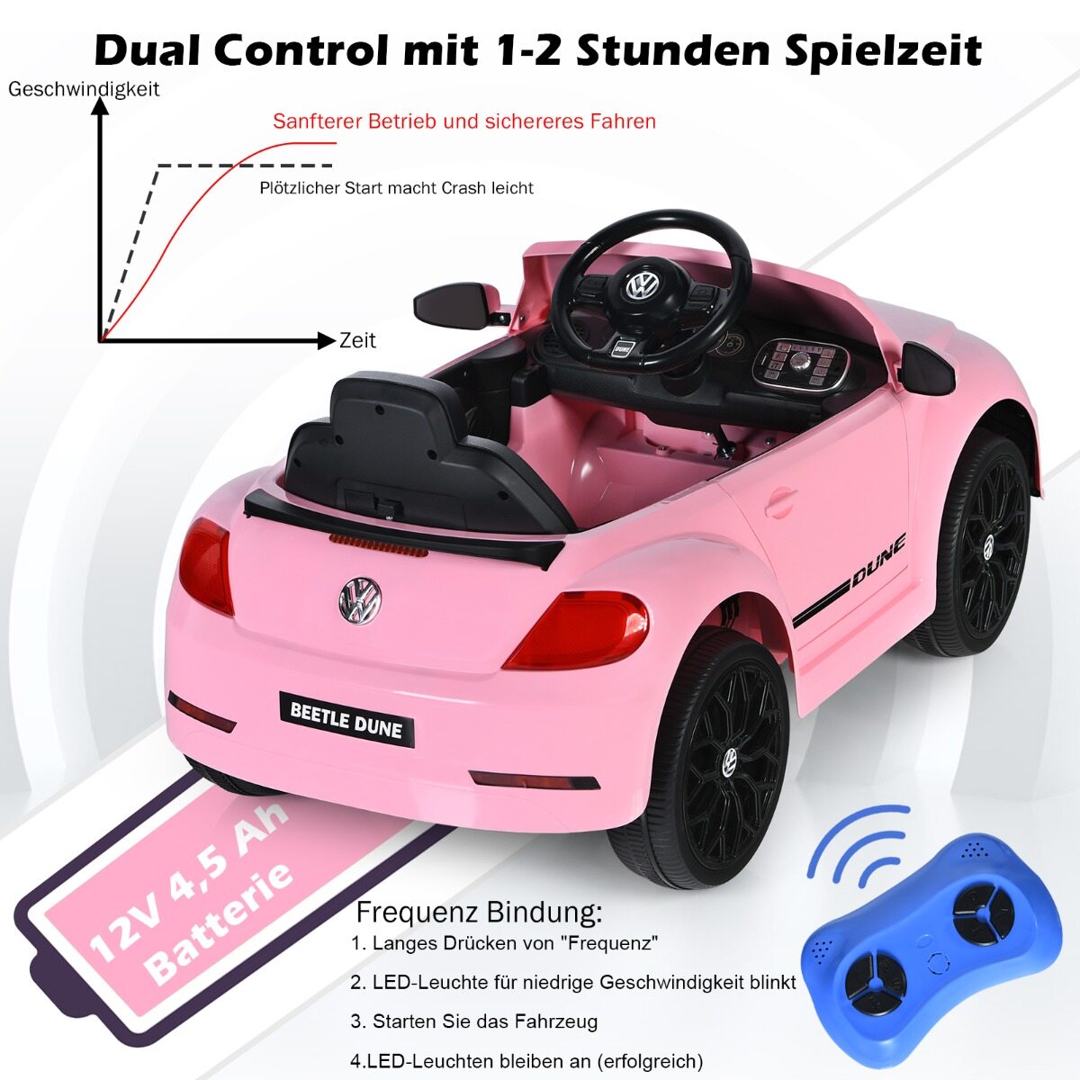 VW Beetle lasteauto muusika ja 2 valgustusrežiimiga, sh 2,4 G puldiga, roosa
