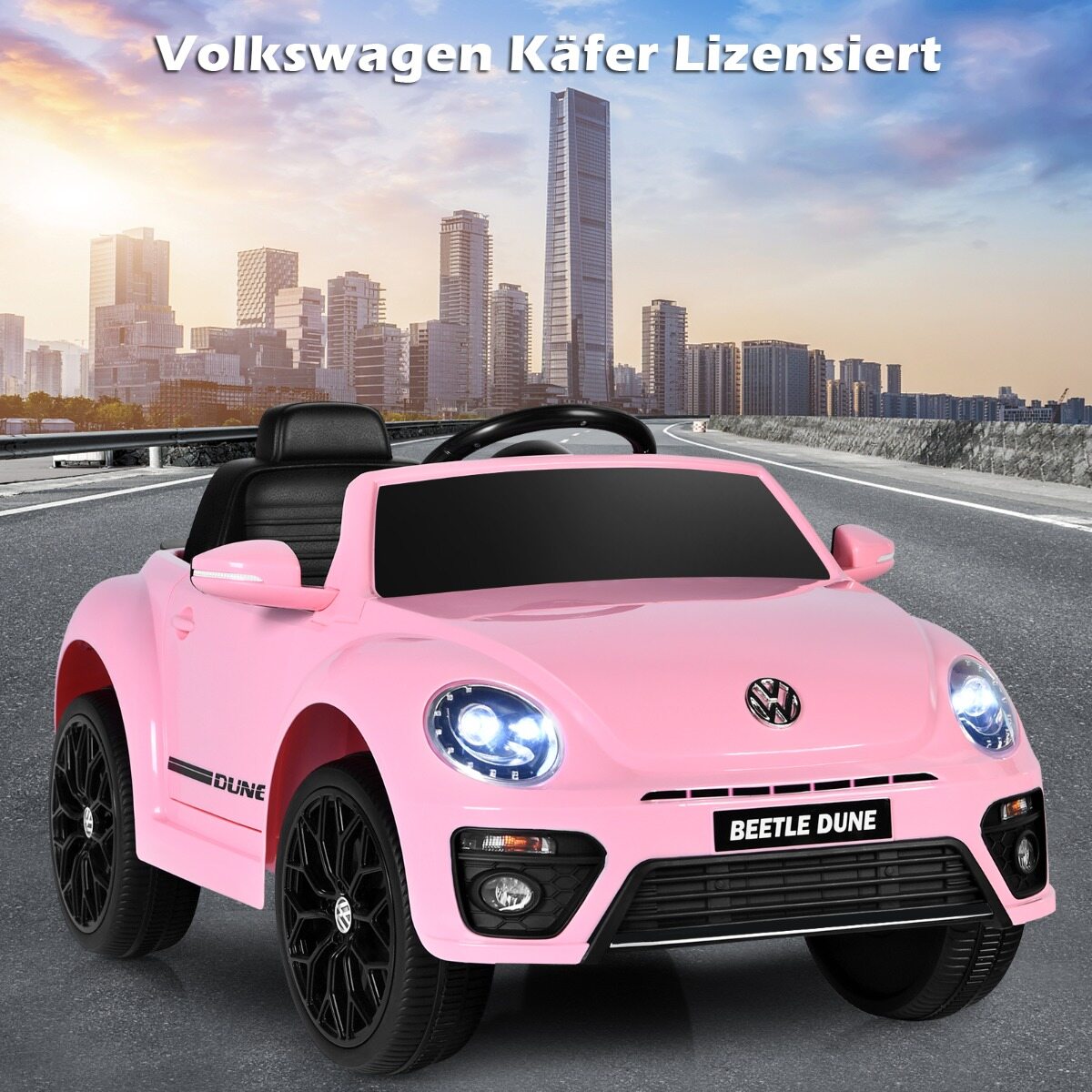 VW Beetle lasteauto muusika ja 2 valgustusrežiimiga, sh 2,4 G puldiga, roosa