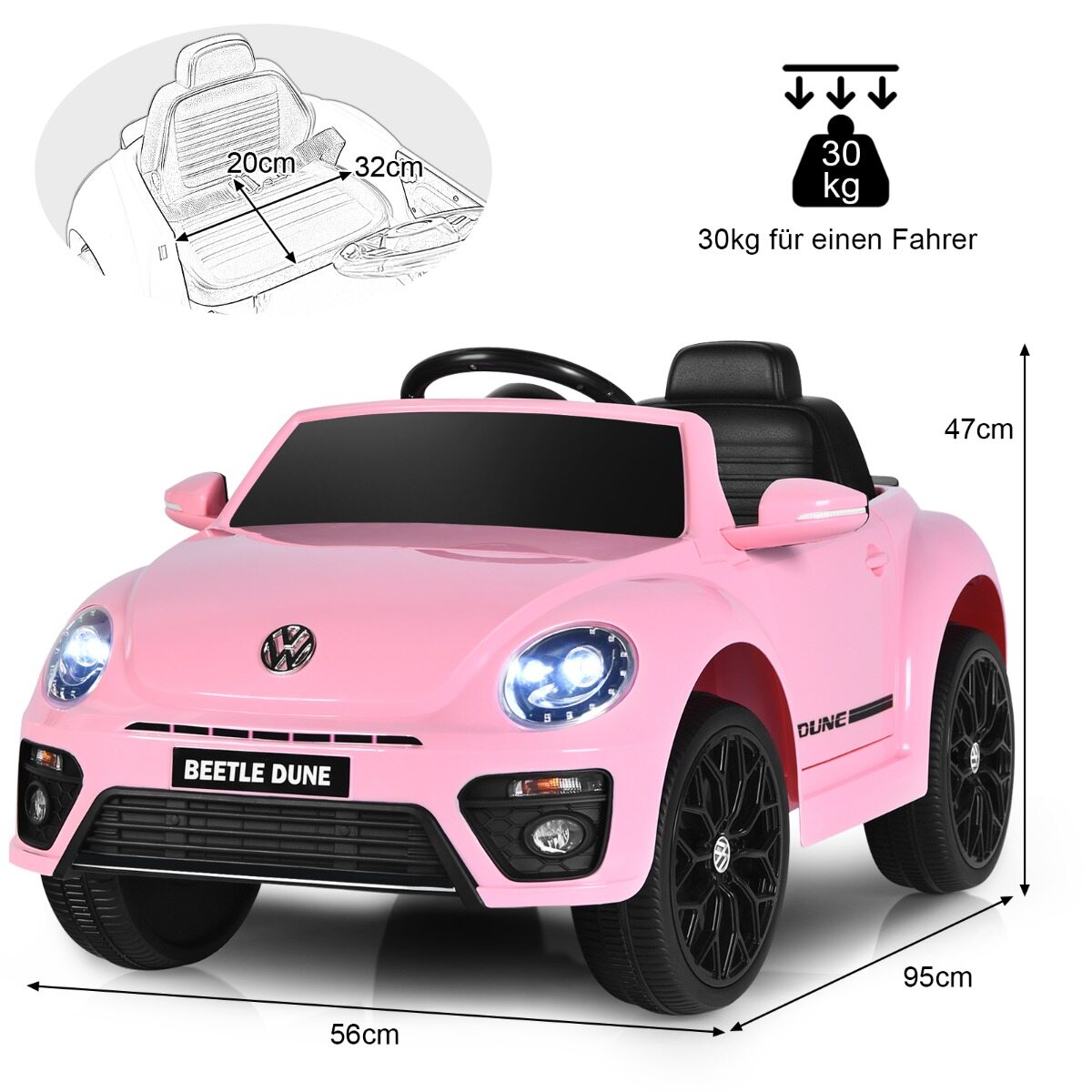 VW Beetle lasteauto muusika ja 2 valgustusrežiimiga, sh 2,4 G puldiga, roosa