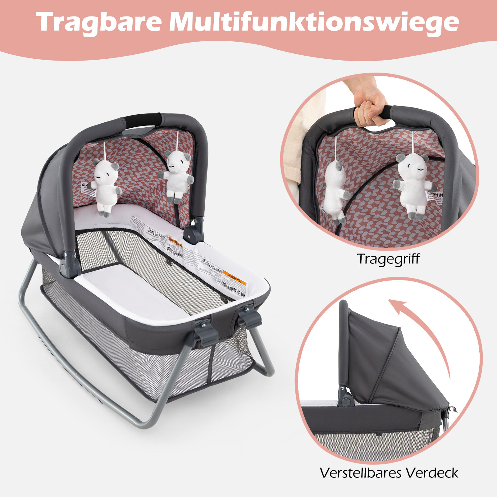 5-ühes beebireisivoodi mähkimislaua, hälli, madratsi ja 2 mänguasjaga, kokkupandav beebivoodi, roosa