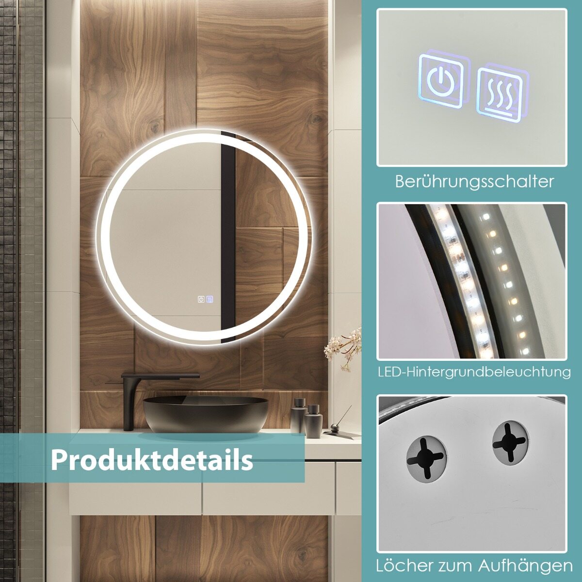 LED-valgustusega ümmargune vannitoapeegel