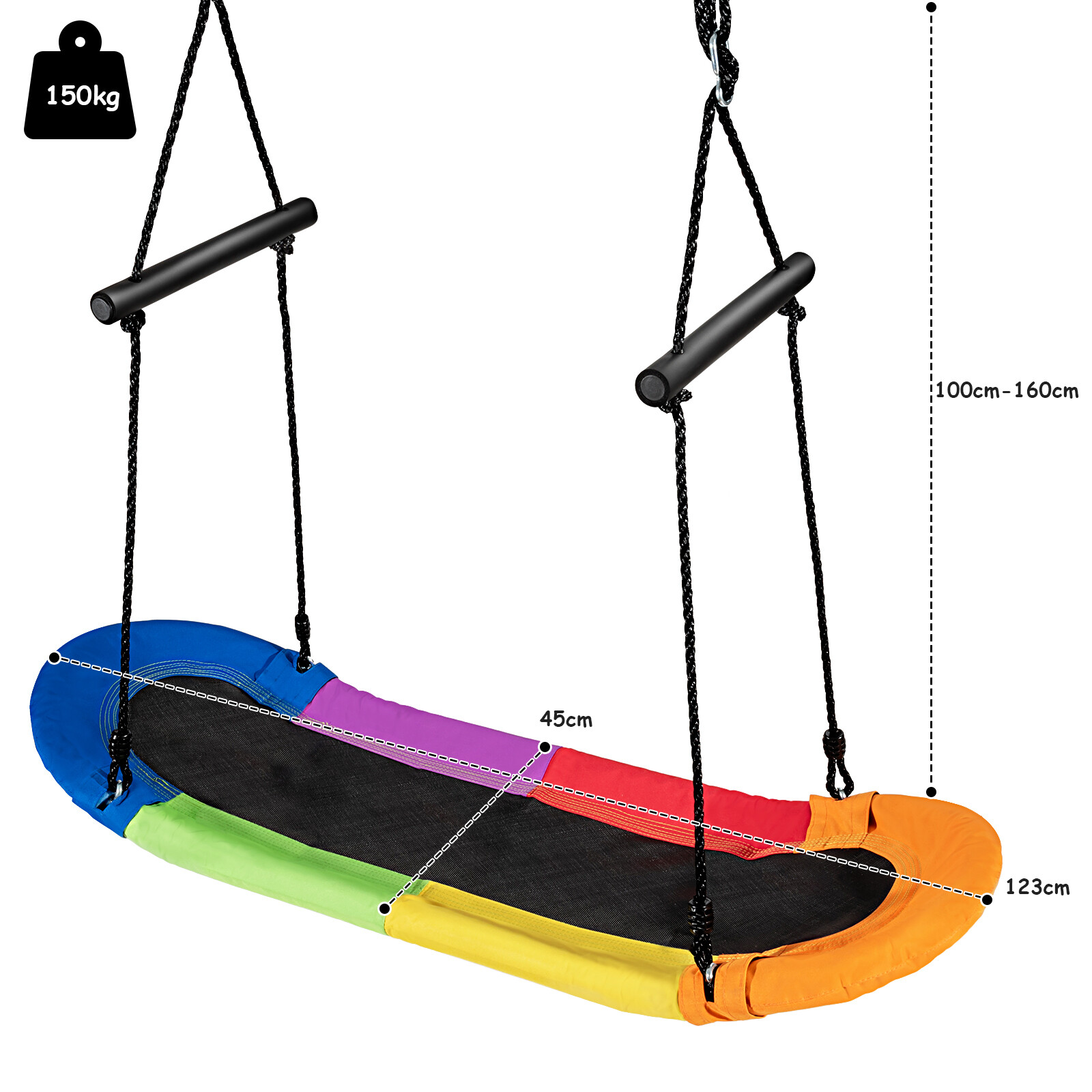Pesakiik laste puukiik 100-160cm reguleeritava köiega rippuva kiigega värviline 123 x 45cm