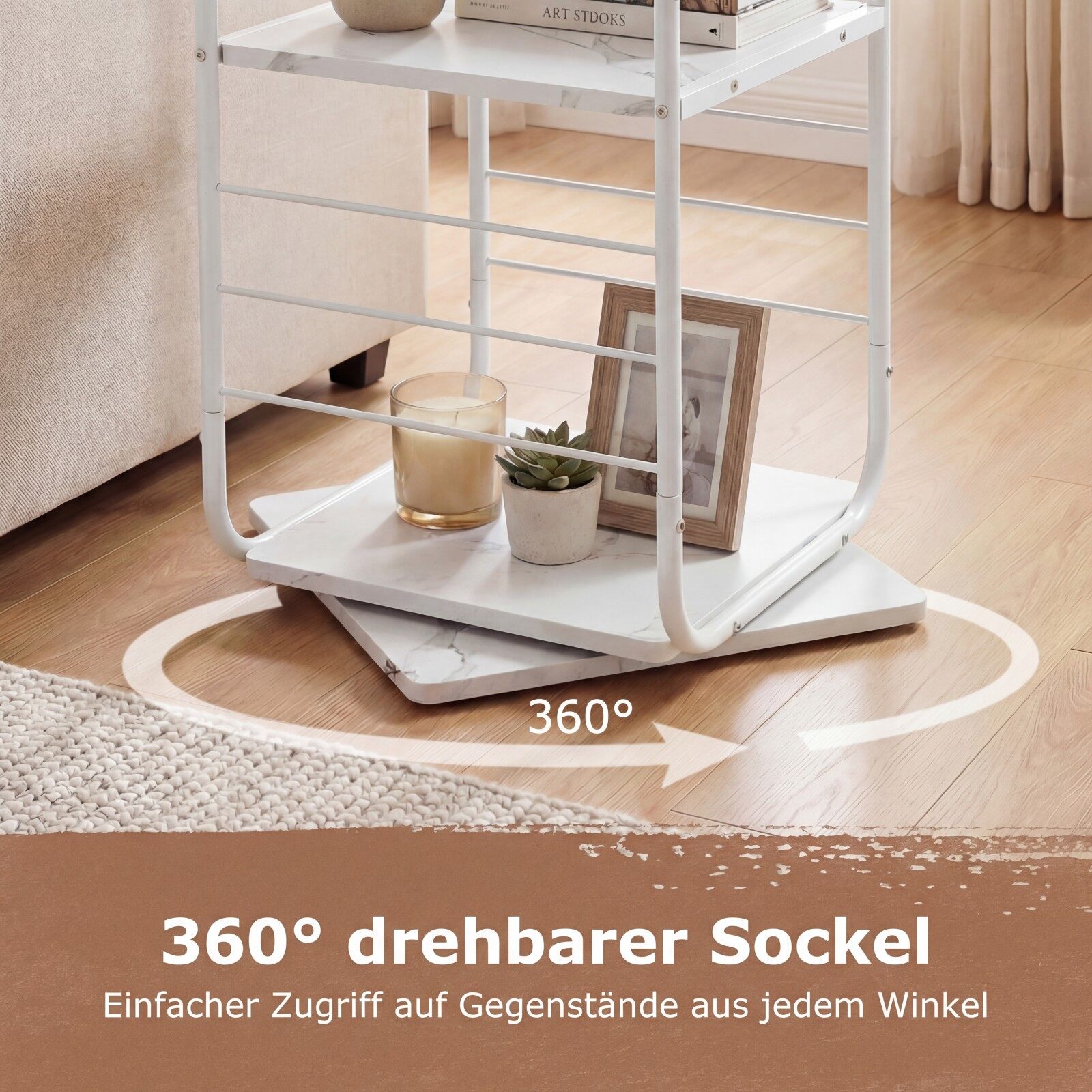 4-astmeline pöörlev raamaturiiul, 360° pöörlev raamatutorn metallraamiga, valge