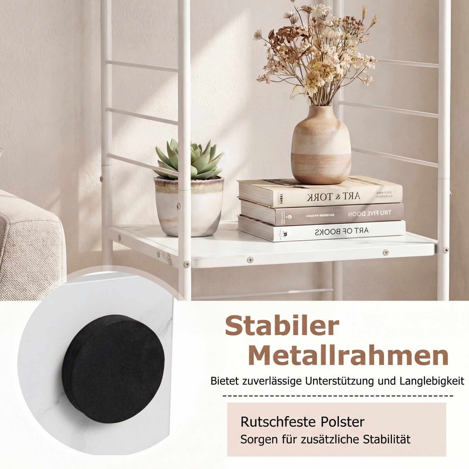 4-astmeline pöörlev raamaturiiul, 360° pöörlev raamatutorn metallraamiga, valge