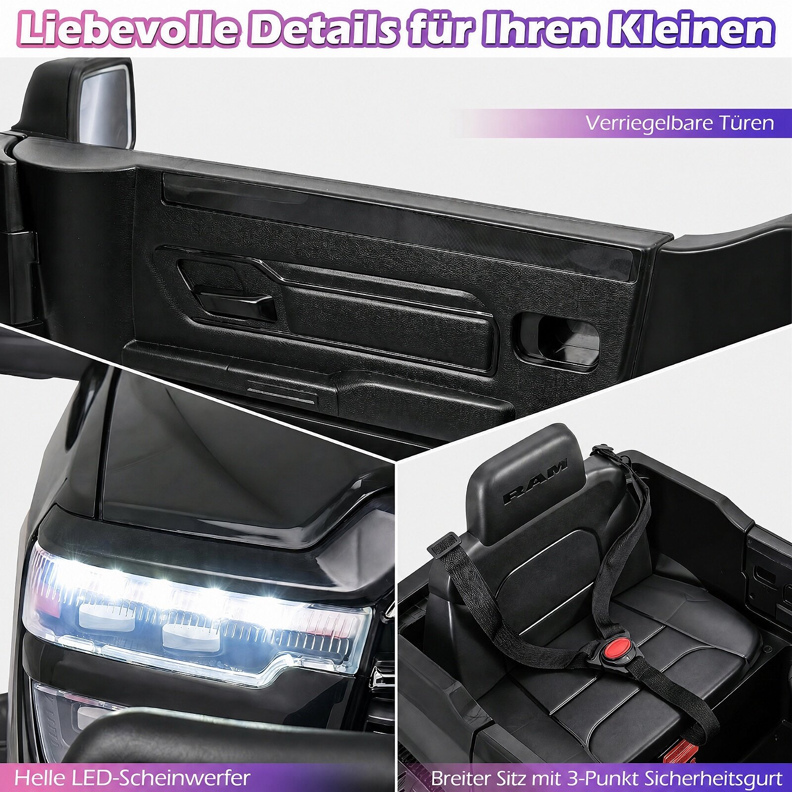 12 V laste elektriauto RAM 3500 kahe 25 W mootoriga lastele alates 3. eluaastast, 3,1–5 km/h, must
