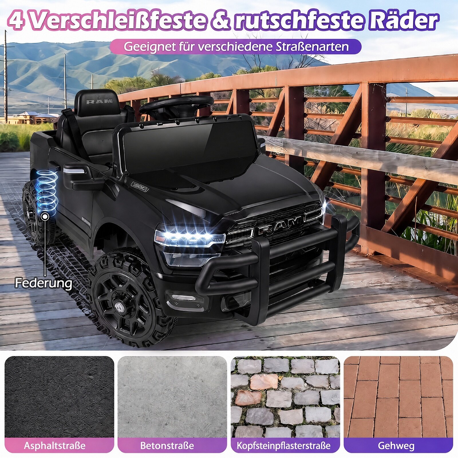 12 V laste elektriauto RAM 3500 kahe 25 W mootoriga lastele alates 3. eluaastast, 3,1–5 km/h, must