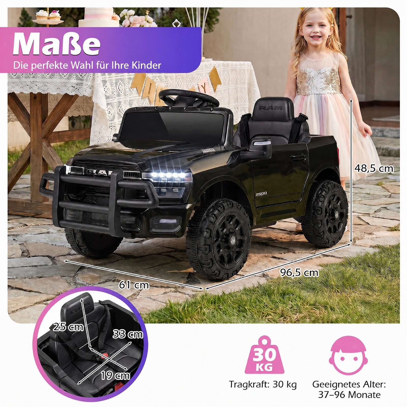 12 V laste elektriauto RAM 3500 kahe 25 W mootoriga lastele alates 3. eluaastast, 3,1–5 km/h, must