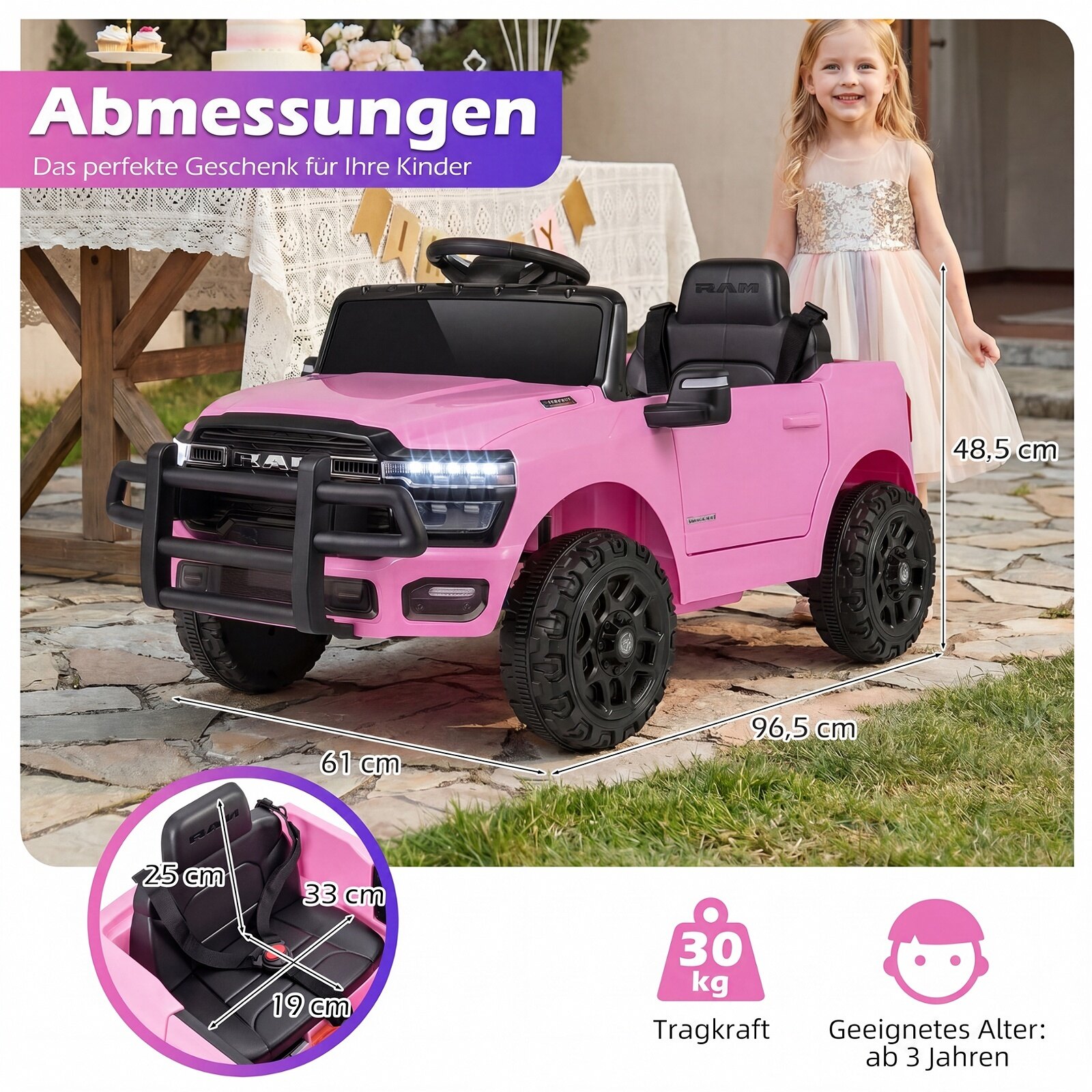 12 V laste elektriauto RAM 3500 kahe 25 W mootoriga lastele alates 3. eluaastast, 3,1–5 km/h, roosa