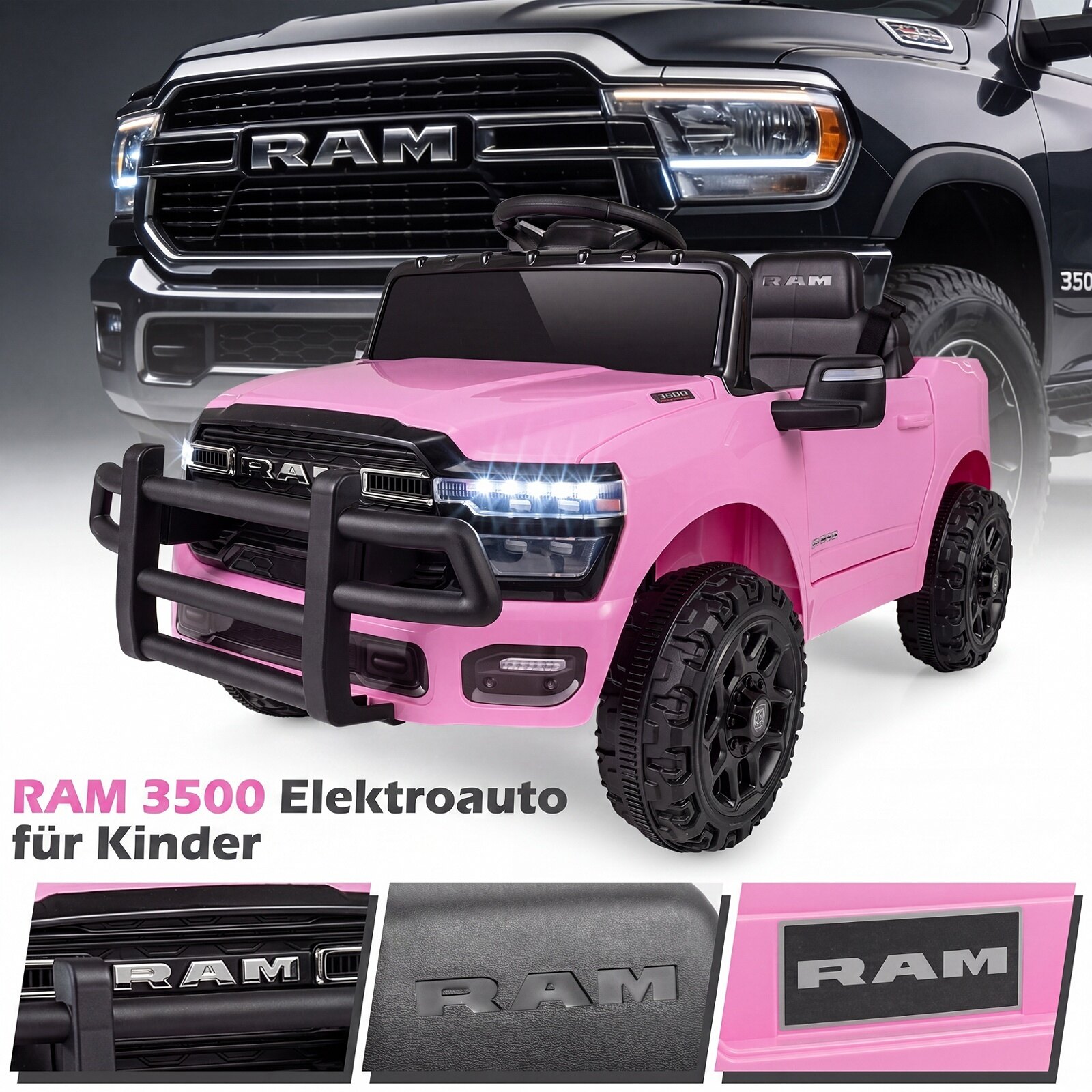 12 V laste elektriauto RAM 3500 kahe 25 W mootoriga lastele alates 3. eluaastast, 3,1–5 km/h, roosa