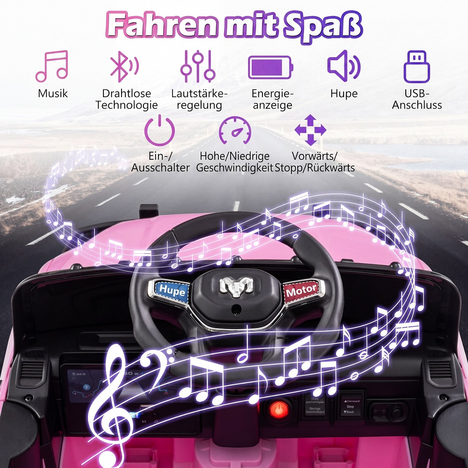 12 V laste elektriauto RAM 3500 kahe 25 W mootoriga lastele alates 3. eluaastast, 3,1–5 km/h, roosa