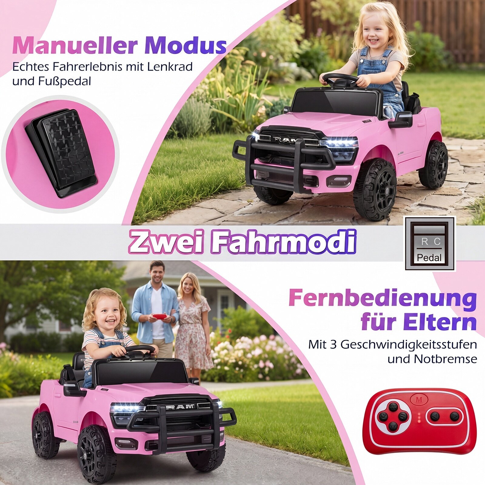 12 V laste elektriauto RAM 3500 kahe 25 W mootoriga lastele alates 3. eluaastast, 3,1–5 km/h, roosa