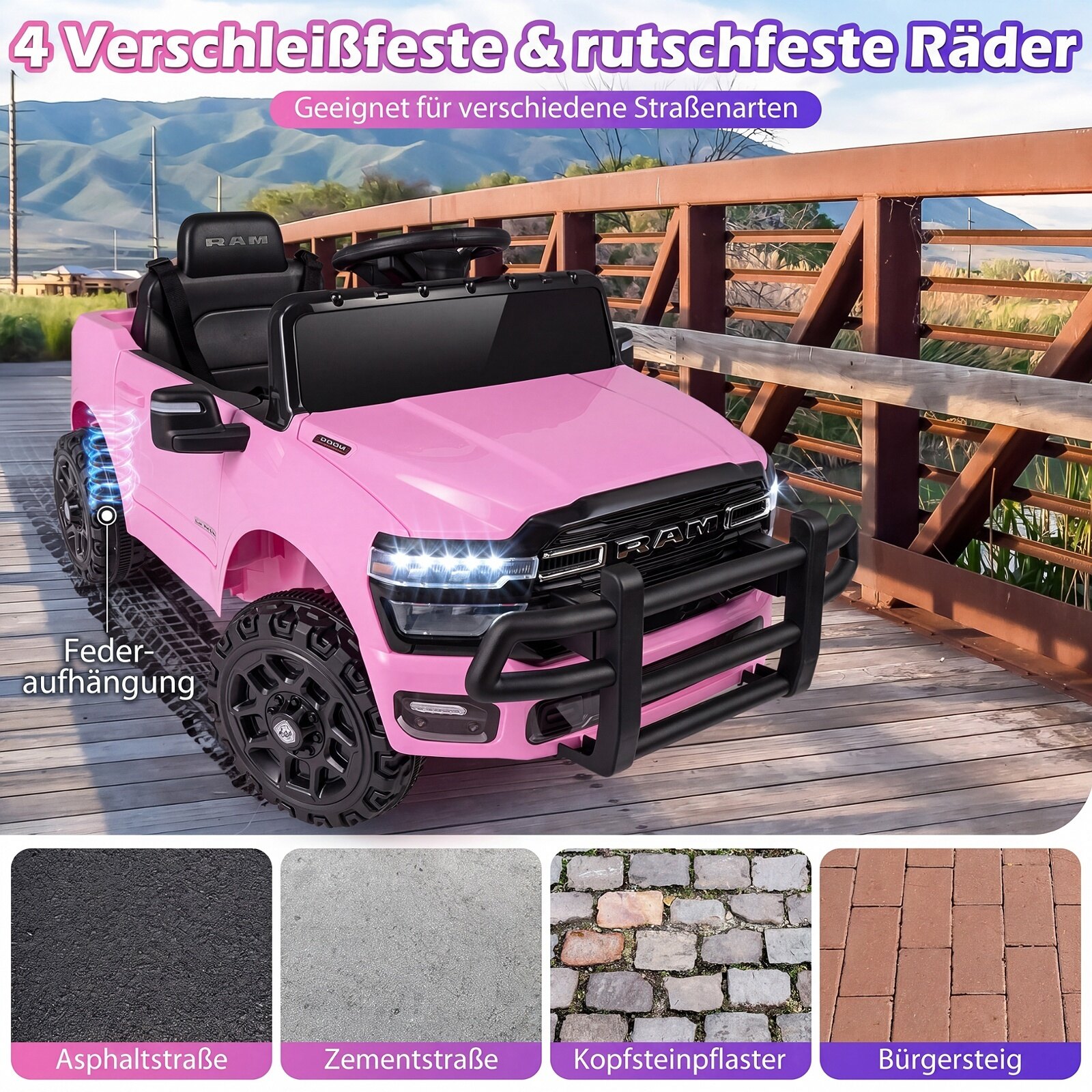 12 V laste elektriauto RAM 3500 kahe 25 W mootoriga lastele alates 3. eluaastast, 3,1–5 km/h, roosa