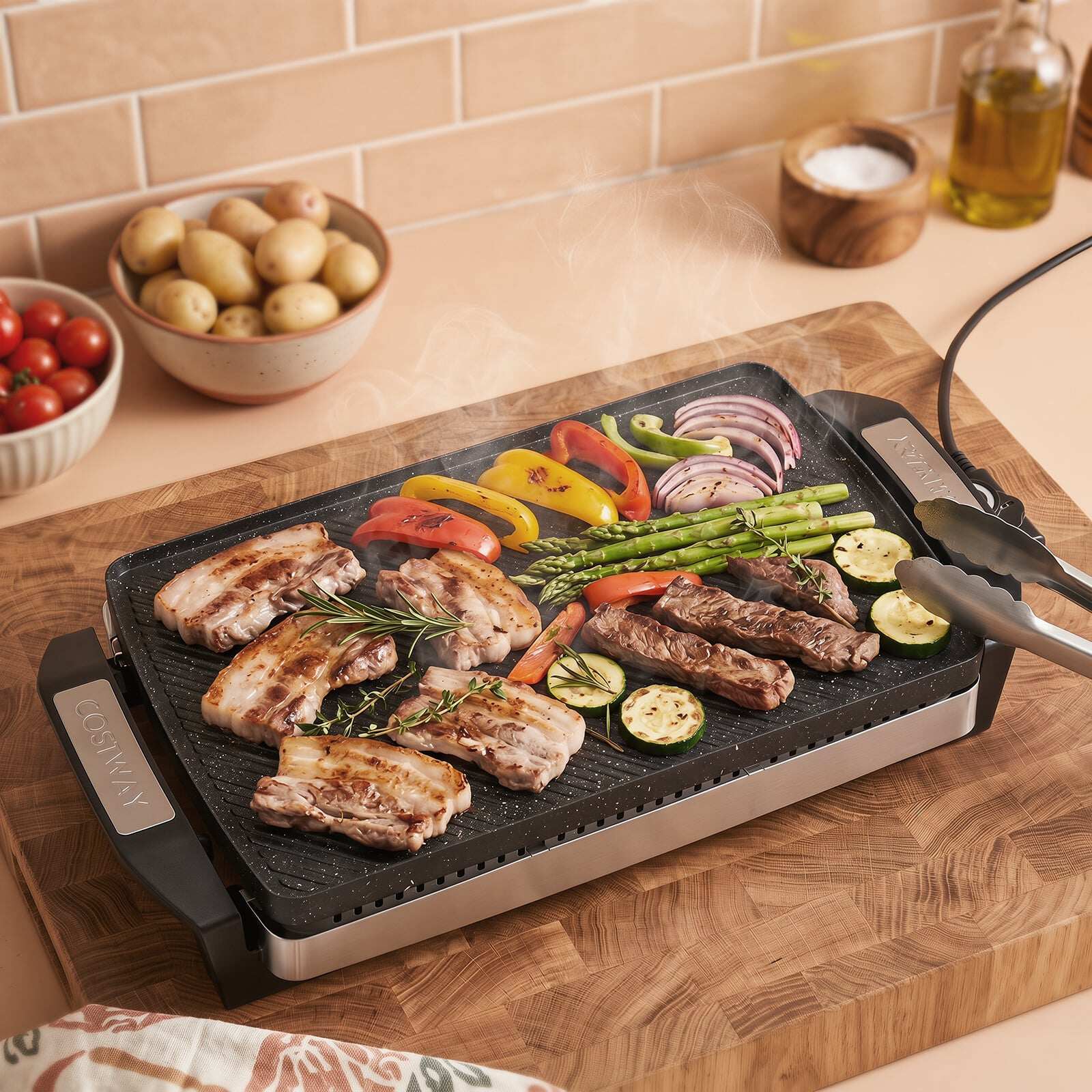 1500 W elektriline lauagrill pööratava ja mitmekülgse grillplaadiga, 41 × 25 cm, must