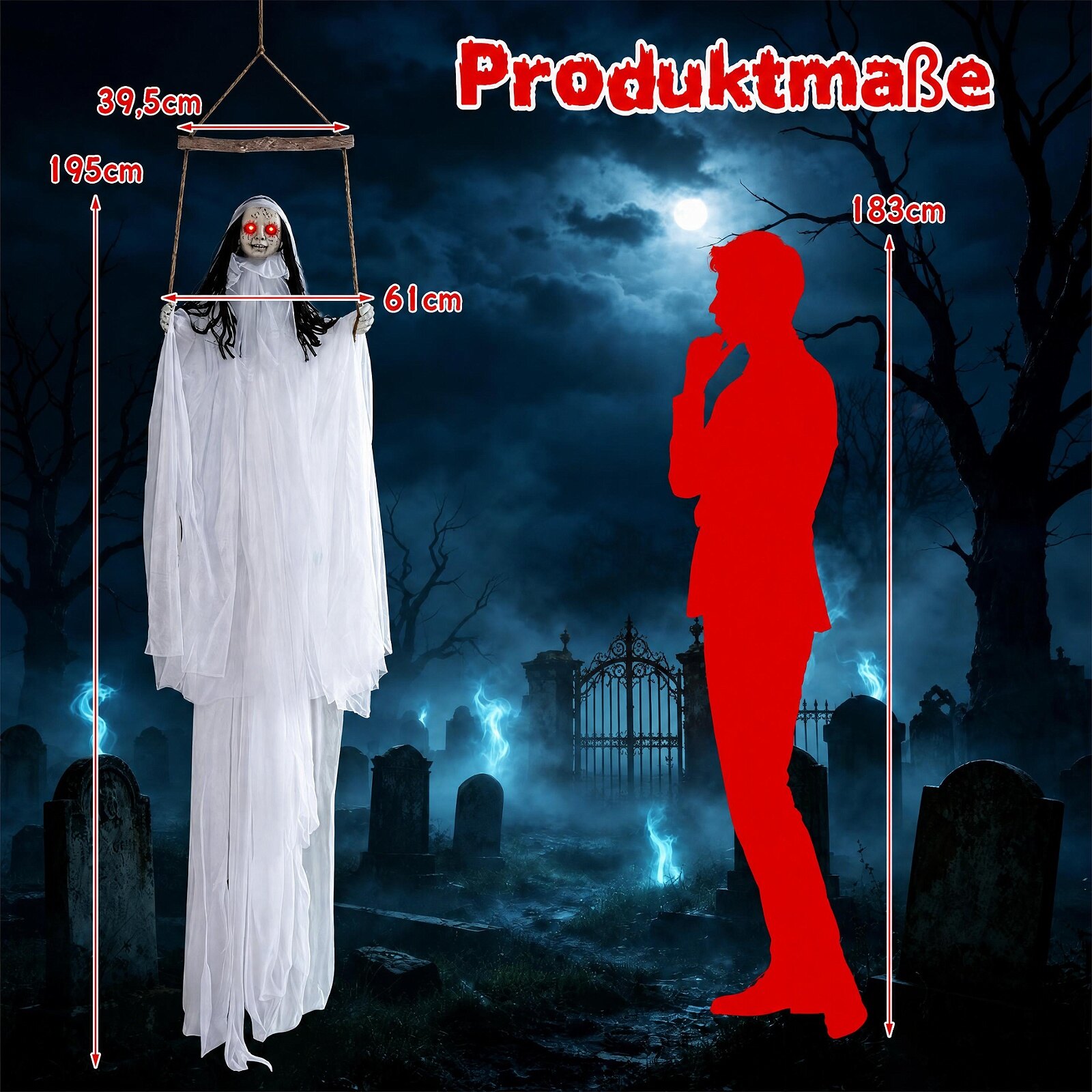 Halloweeni kaunistused helendavate silmade ja jubedate helidega
