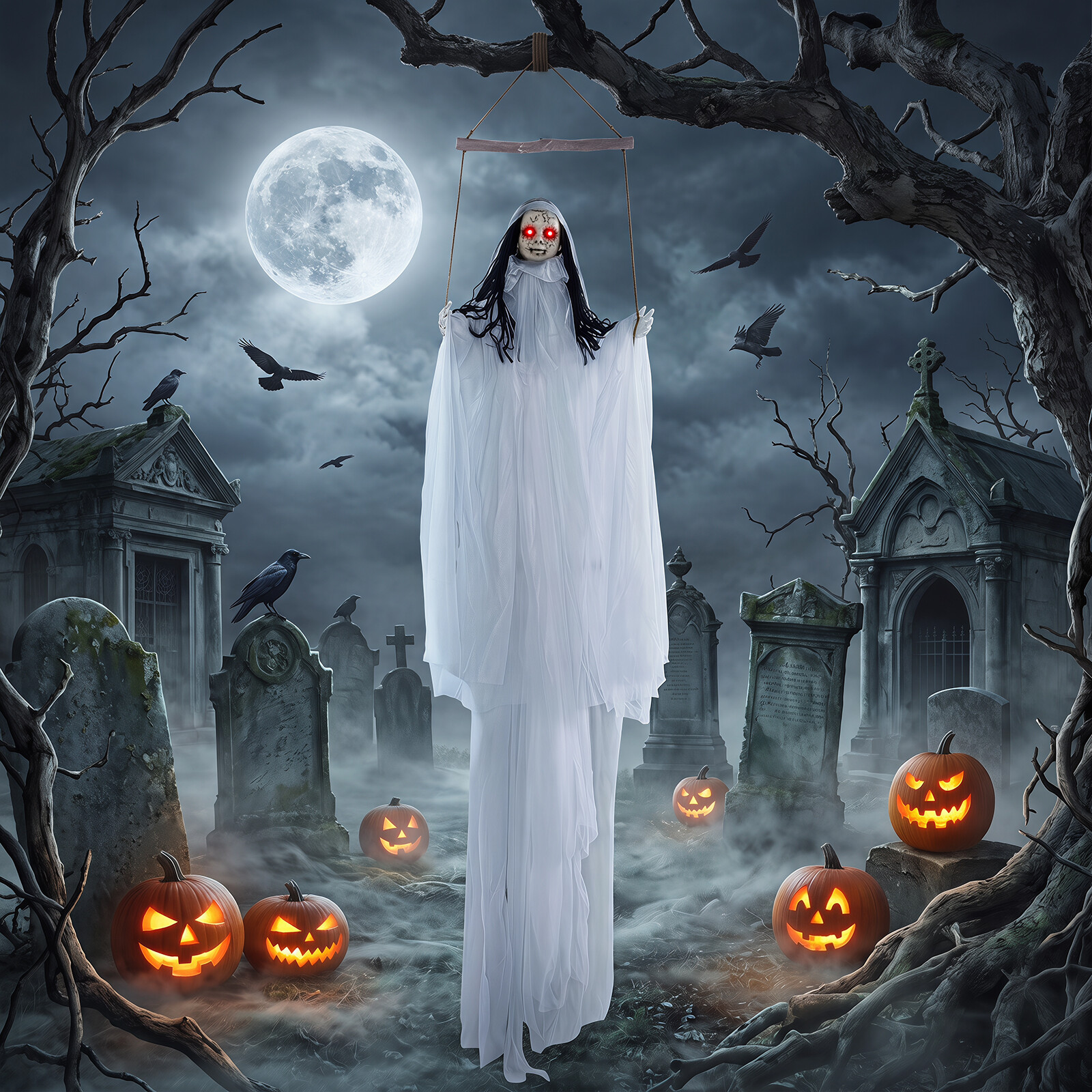 Halloweeni kaunistused helendavate silmade ja jubedate helidega