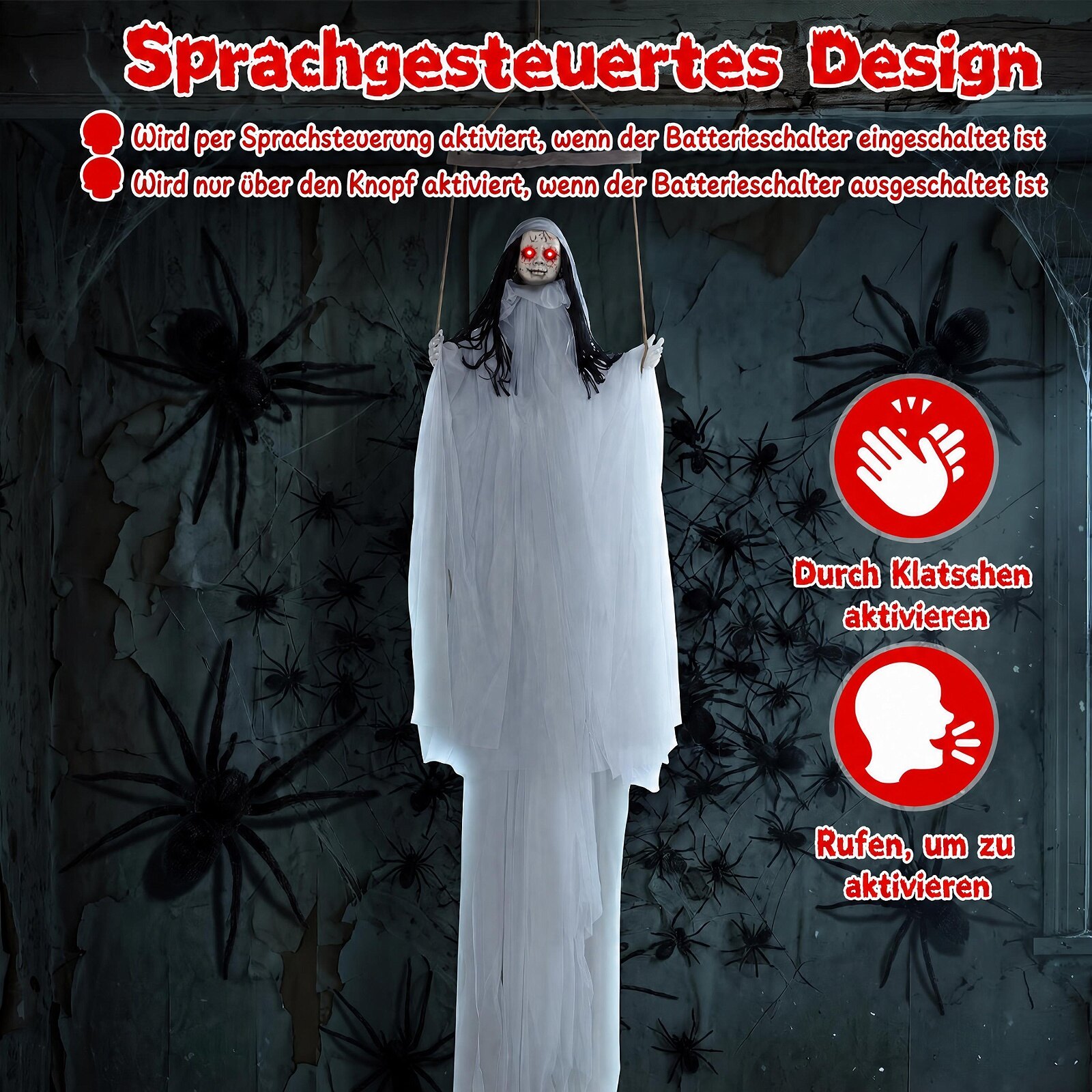 Halloweeni kaunistused helendavate silmade ja jubedate helidega