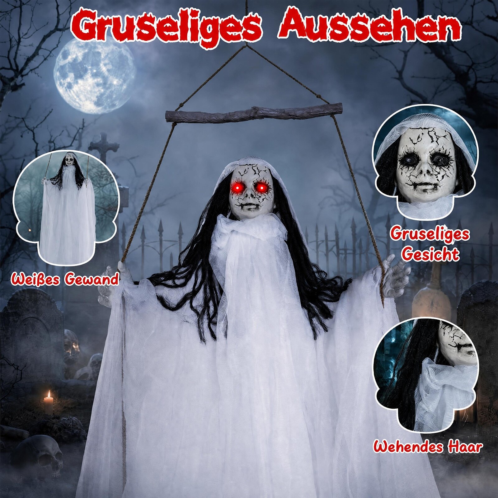 Halloweeni kaunistused helendavate silmade ja jubedate helidega